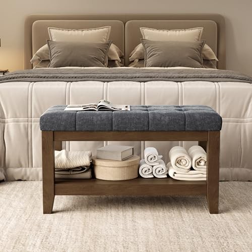Solid Rubber Wood Shoe Bench, Soft Chenille Material 31.5" Chenille & Dark Gray