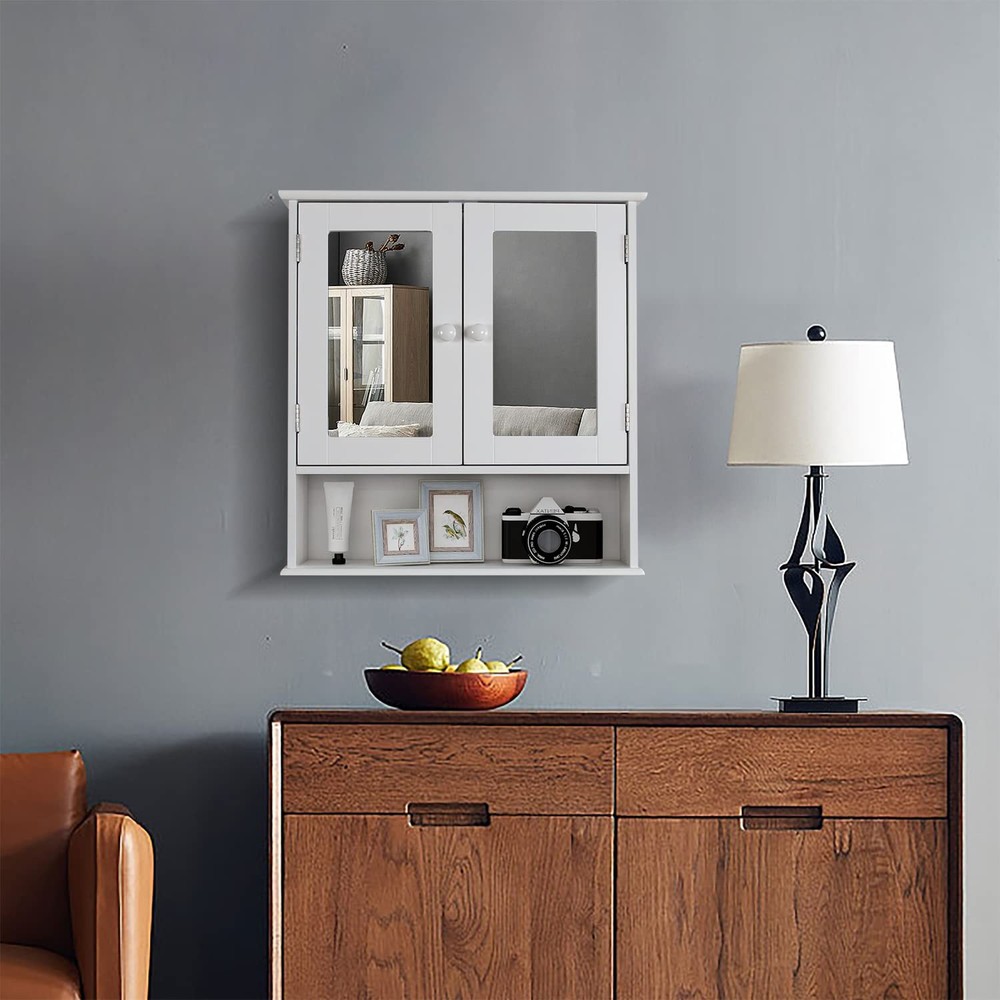 Wall Mounted Bathroom Cabinet with Mirror Doors and Shelf