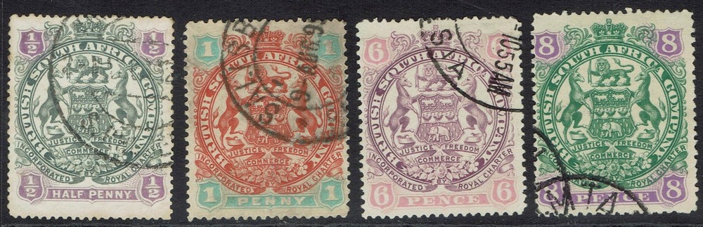RHODESIA 1897 LARGE ARMS RANGE TO 8D CURLED SCROLL USED