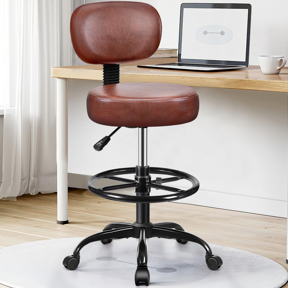 17 STORIES D16 ADJUSTABLE FOOT REST ROLLING STOOL WITH WHEELS - EMBER BROWN