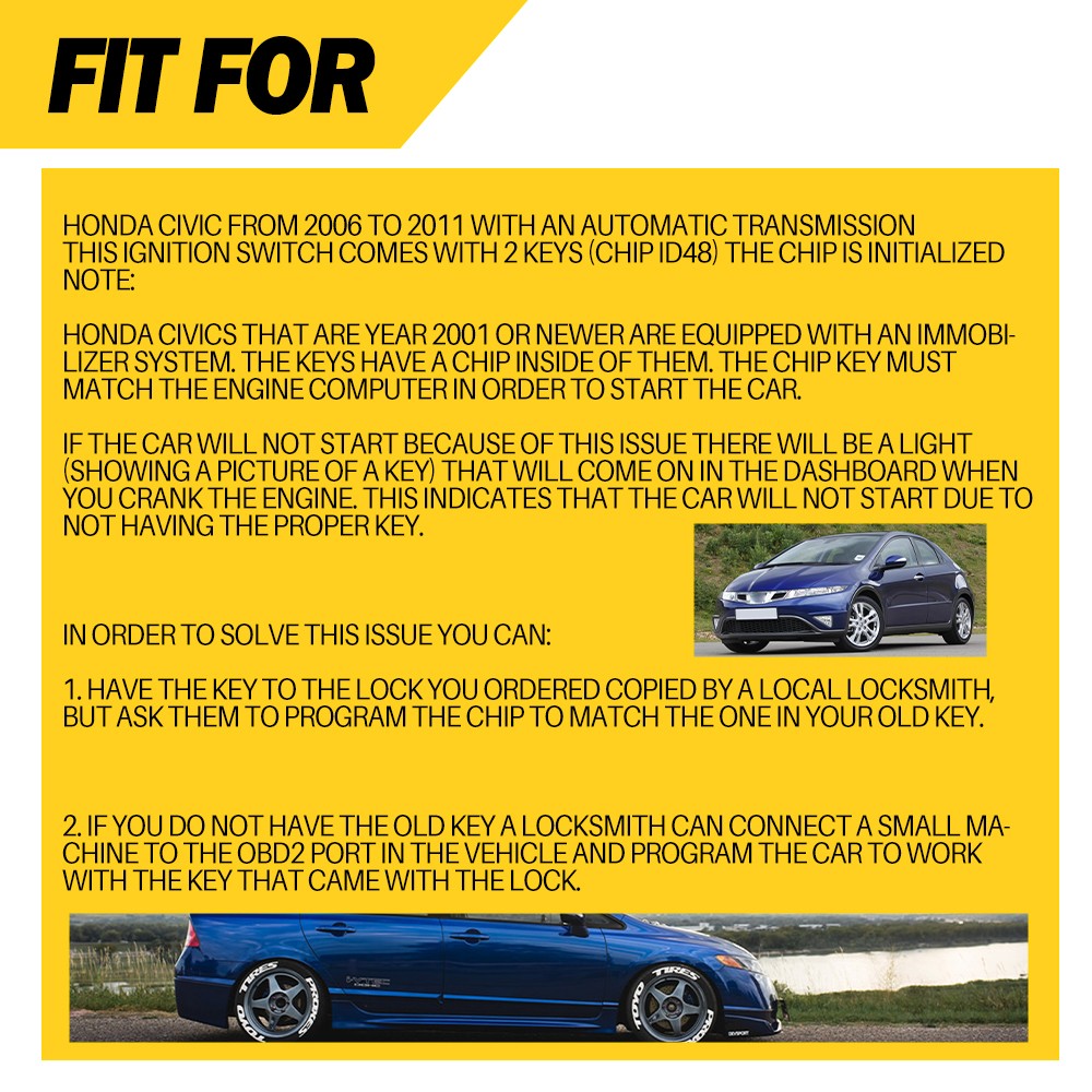 Ignition Switch Lock Cylinder Assembly For Honda 2006-2011 Civic