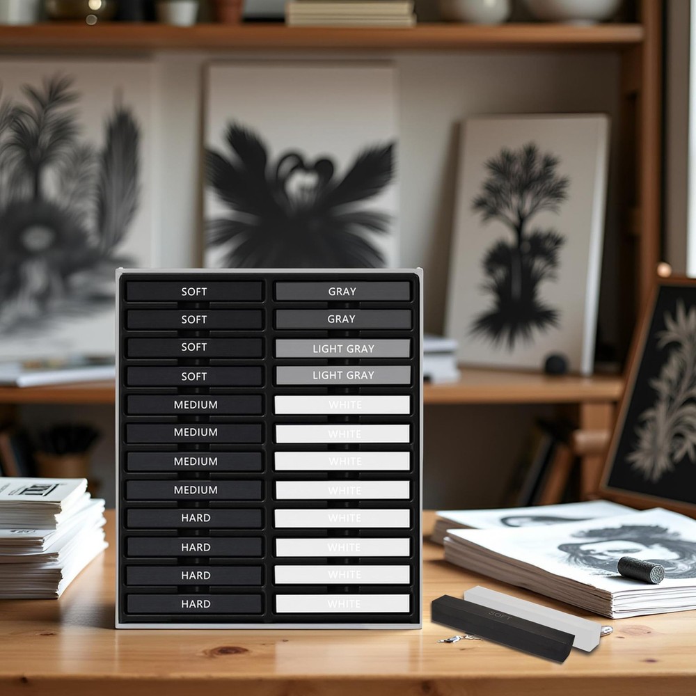 24 Pcs Compressed Charcoal Sticks with Soft, Medium, Hard and White Charcoal,...