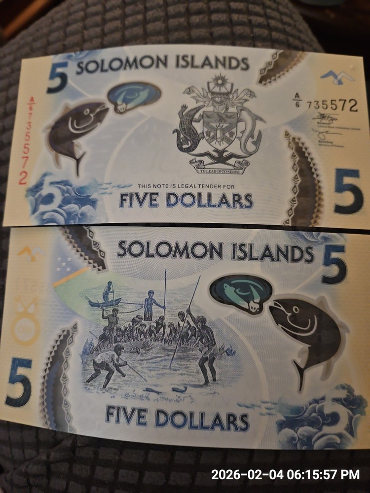 Soloman Islands 5 Dollar Polymer  Banknote