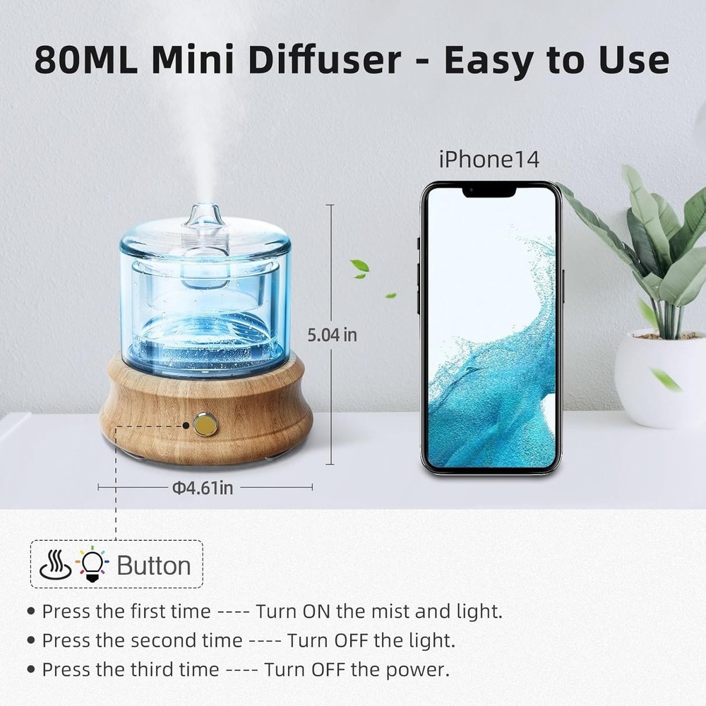 Glass Essential Oil Diffuser, 80ML Small Reservoir Transparent