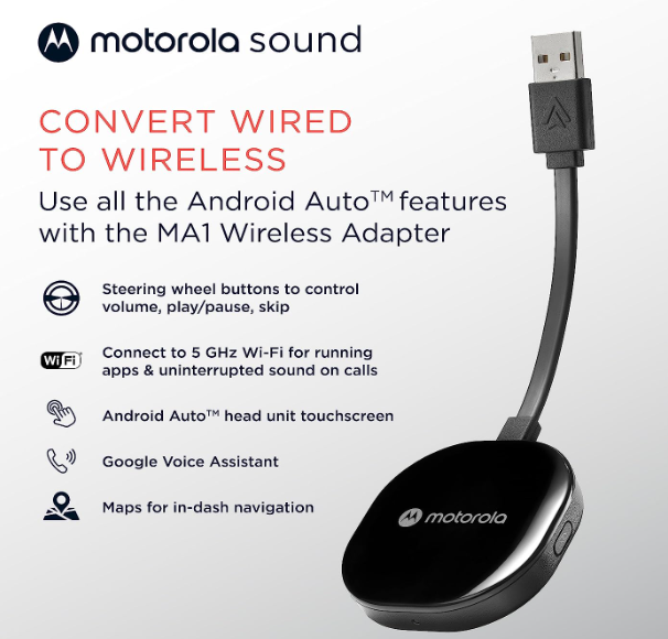Motorola MA1 Wireless Android Auto Car Direct Plug-in USB Adapter