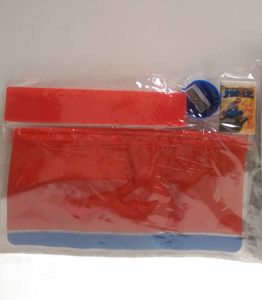 Marvel SpiderMan School 4PC Stationery Set Pencil Pouch Sharpener, Ruler, Eraser