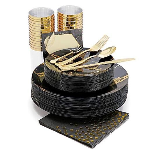 N9R 225pcs Gold Plastic Plates, Disposable Dinnerware Set Include 25 Black
