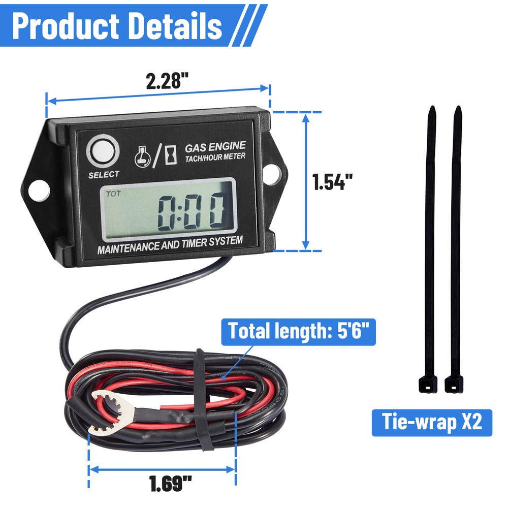 Small Engine Tachometer Hour Meter Digital Inductive Waterproof Tiny Tach Meter