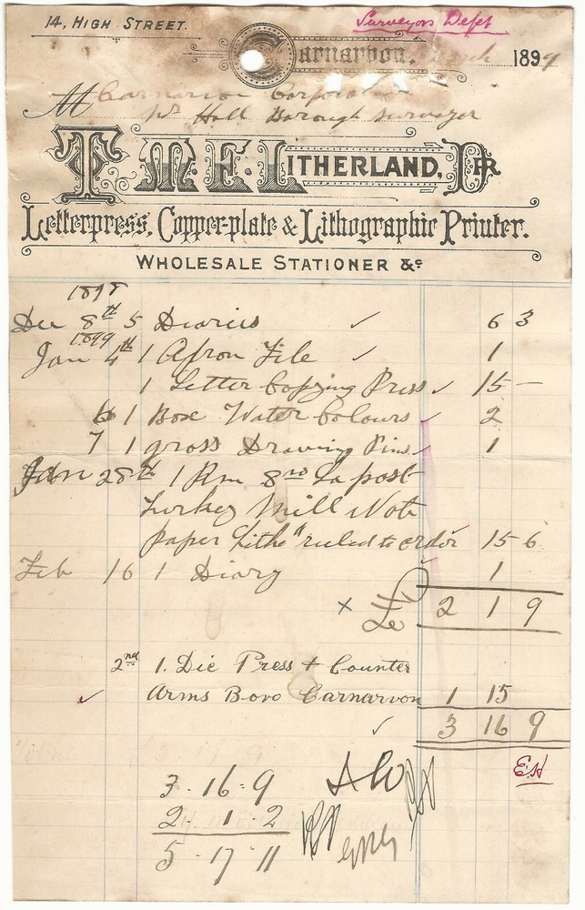 M. E. LITHERLAND CARNARVON 1899 INVOICE
