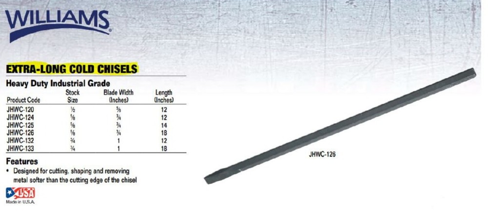 Williams C-133 X-Long Cold Chisel, 1-Inch Flat