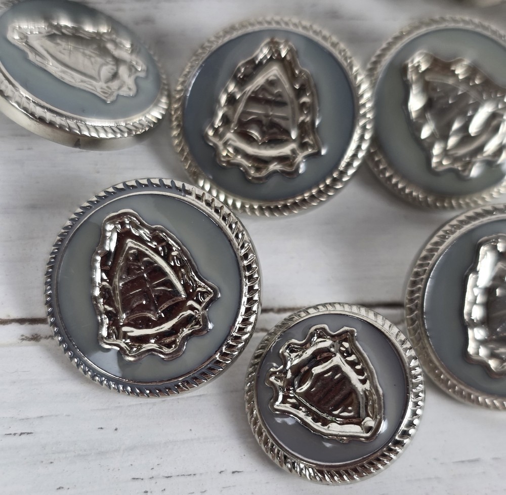 (10) Vintage Silver Tone w/Gray Enamel Shield Plastic Shank Buttons