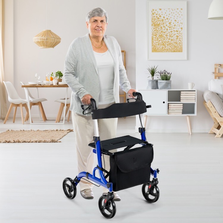 2-in-1 Folding Aluminum Rollator Walker Adjustable Handle W/ Seat 8" Wheels Blue