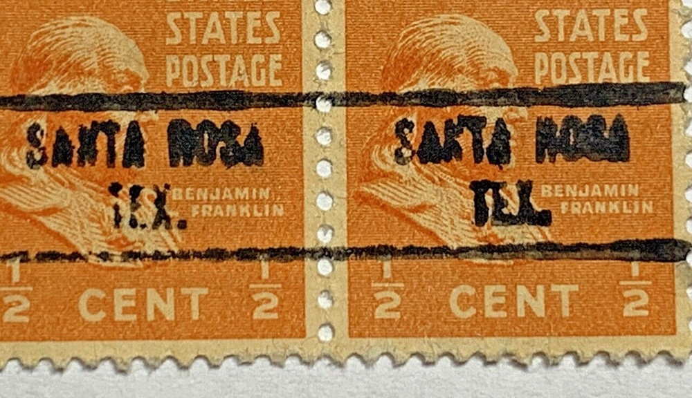 BOLD AND BROKEN PRECANCEL ERROR SANTA ROSA TEXAS ON 1/2C US STAMP PAIR