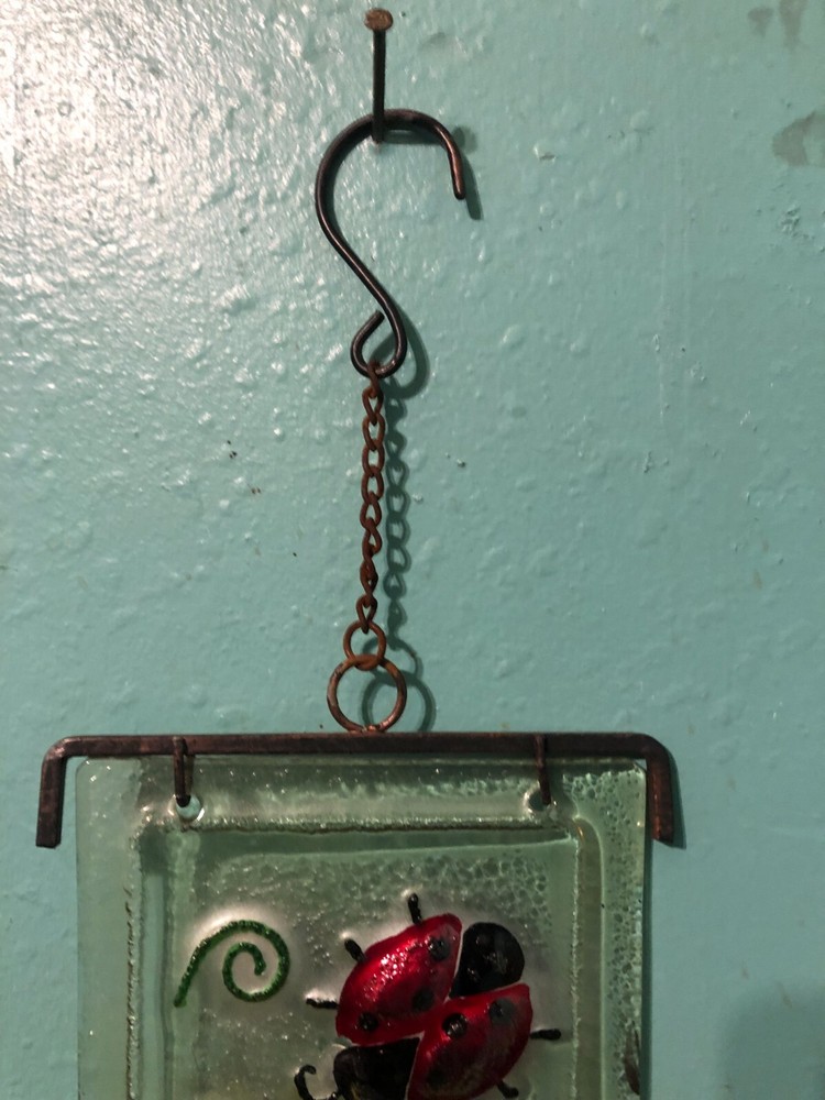 suncatcher Hanging Window rustic pane glass display with bell and lady bug s