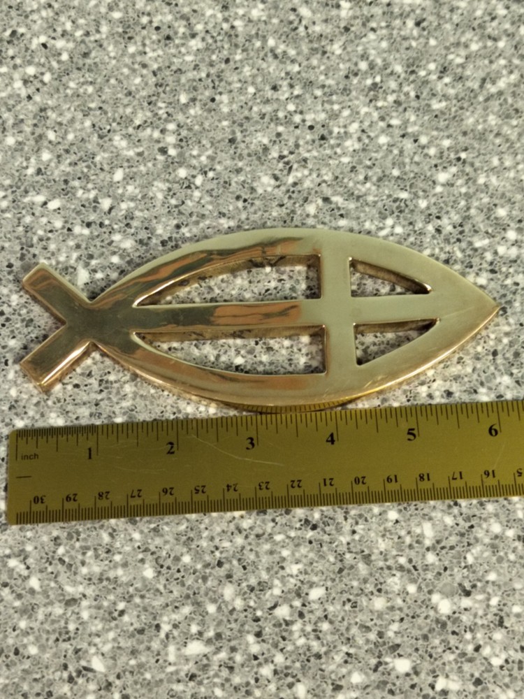 Solid Brass Fish Cross Emblem Paperweight