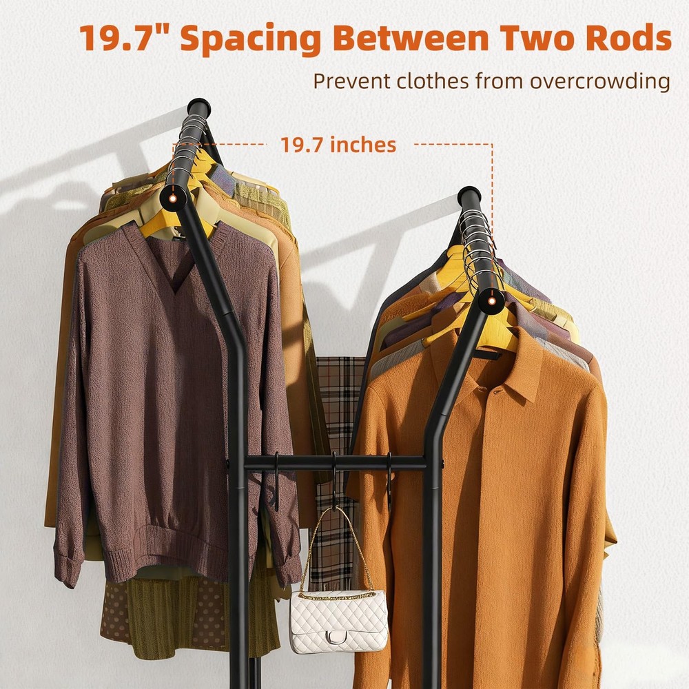 Double Rods Clothes Rack for Hanging Clothes, Rolling Clothing Rack with Side...