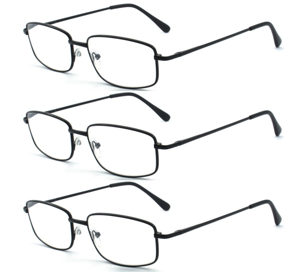 EYEZOOM 3 Pack Extra Wide Rectangular Metal Reading Glasses for Men and Women