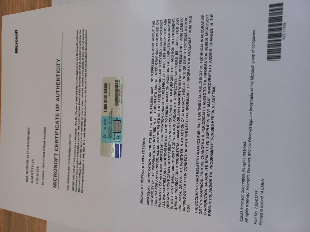 Microsoft SQL Server 2017 ENTERPRISE 64 Core Unlimtd CAL CoA Authentic 7JQ-01275