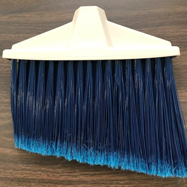 Angled Broom Head, 10" Width, Blue bristles with tan base.