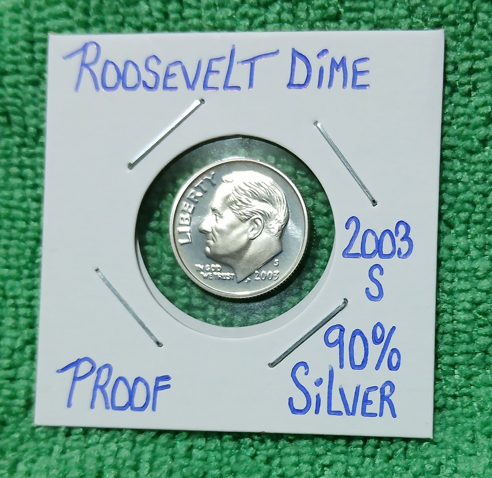 Two Silver US Quarters + 2003 S Silver Proof Roosevelt Dime + Clad Dime