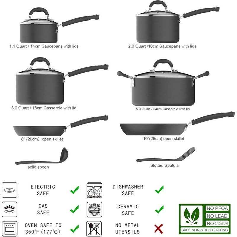 12 Piece Cookware Set Hard Anodized Nonstick Soft Handle Dishwasher Safe New
