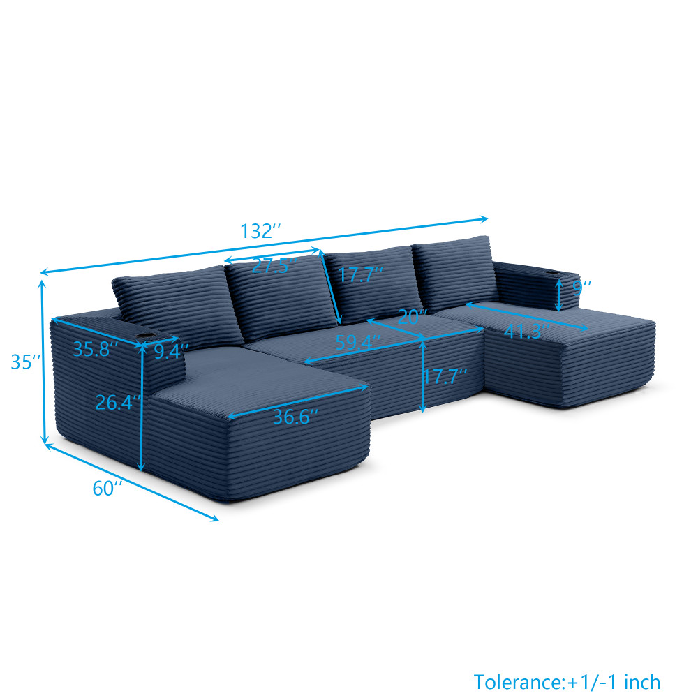 U-Shaped Modular Sectional Sofa w/ Chaise, Corduroy Fabric, Cup Holders, Blue