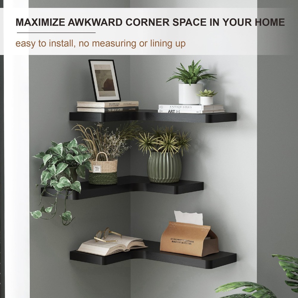 Fuqing Corner Floating Shelves Set of 3 Solid Wood Wall Mount Storage Display