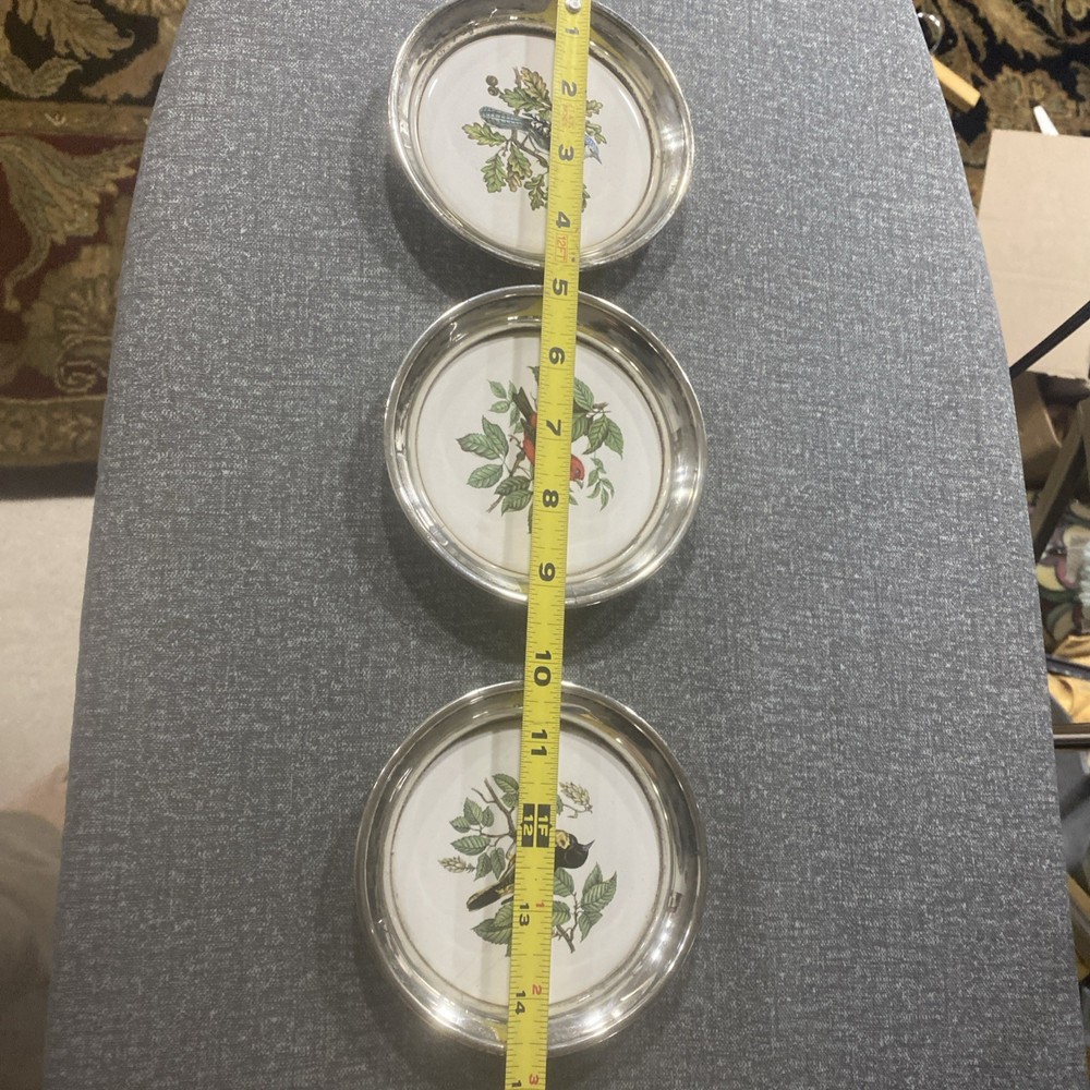 SHERIDAN Silver Plate/ Ceramic Tile American BIRDS Drink Coasters Barware