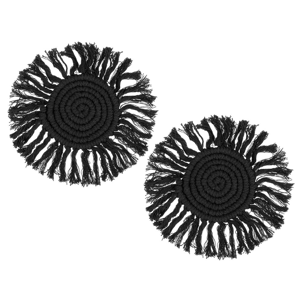 2Pcs Boho Coasters, Woven Drink Coasters with Tassel, Black