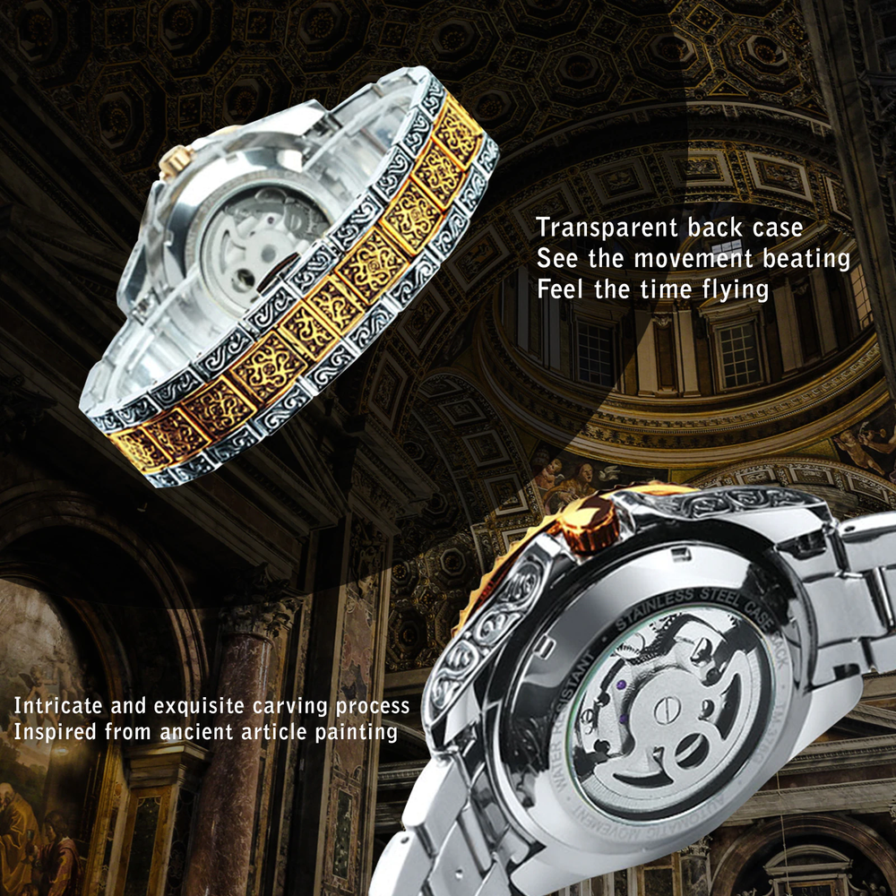 New Luxury Moon Phase Tourbillon Skeleton Engraved Mechanical Automatic Watch