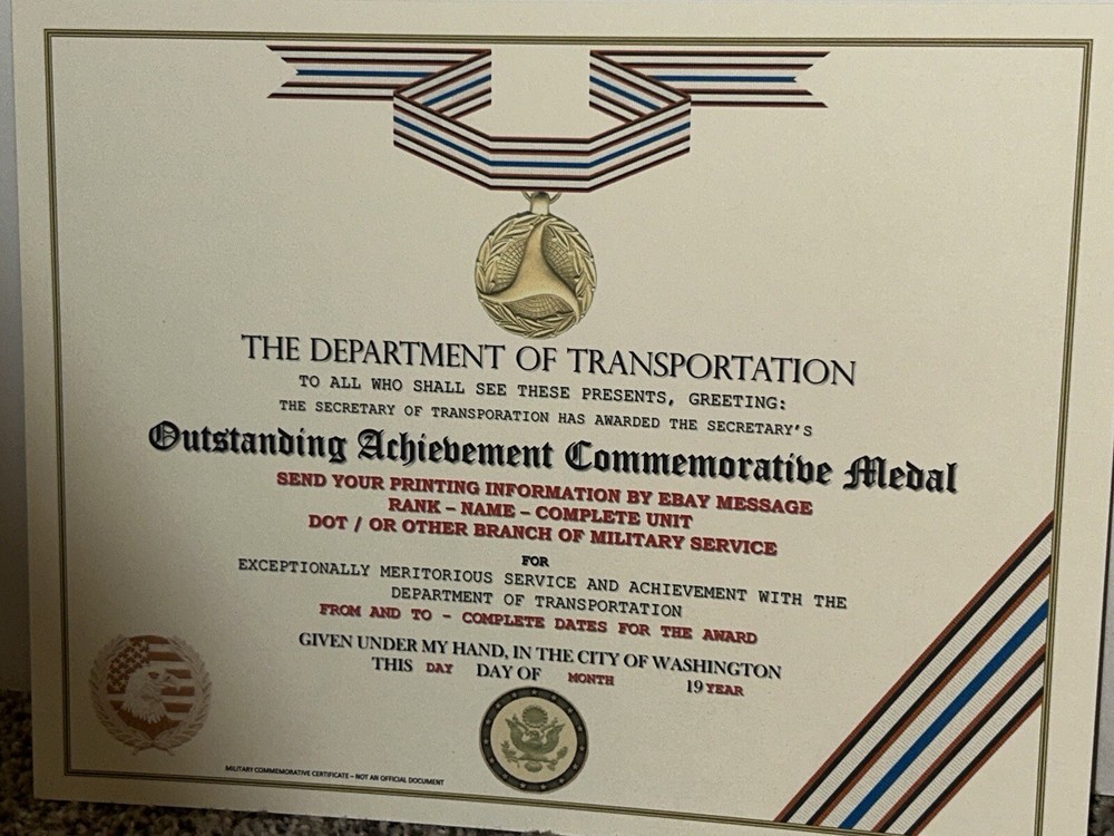 D.O.T. OUTSTANDING ACHIEVEMENT COMMEMORATIVE CERTIFICATE ~ TYPE-2 w/PRINTING