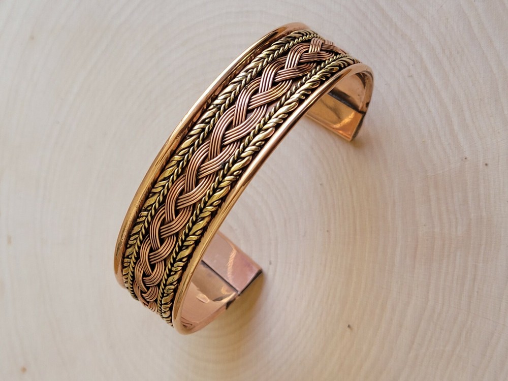 Solid Copper 2 Tone Wide Bangle Cuff - Copper  Braided Cuffed Bracelet