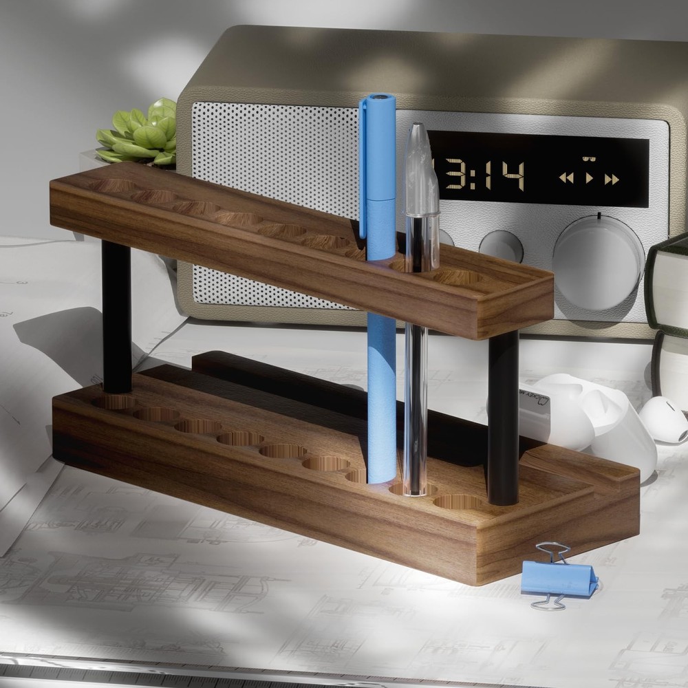 Pencil & Pen Holder for Desk, Solid Walnut Pen Display Stand with 9 Slots and...