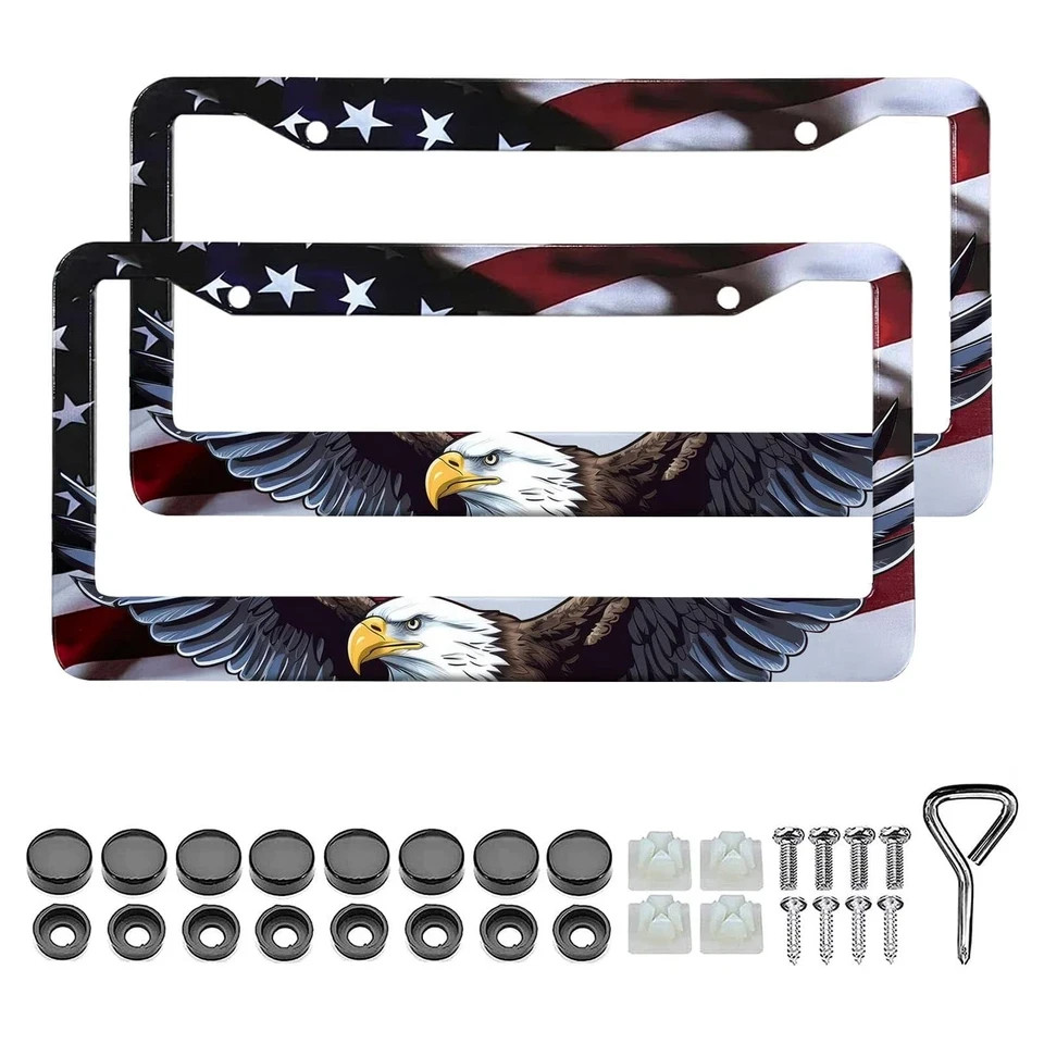 American Flag Eagle License Plate Frame Holder - 2 Pack Patriotic Universal