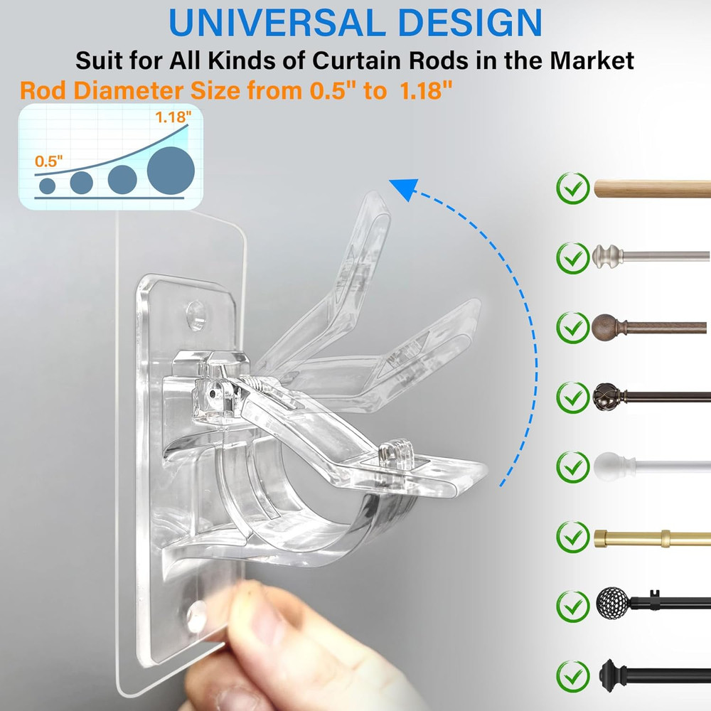 6-Pack No Drill Needed Curtain Rod Holders, Self Adhesive Rod Brackets, Multipur