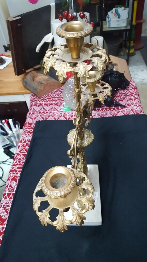 Antique Ornate Solid Brass Candelabra with a Renaissance Design on Marble Base