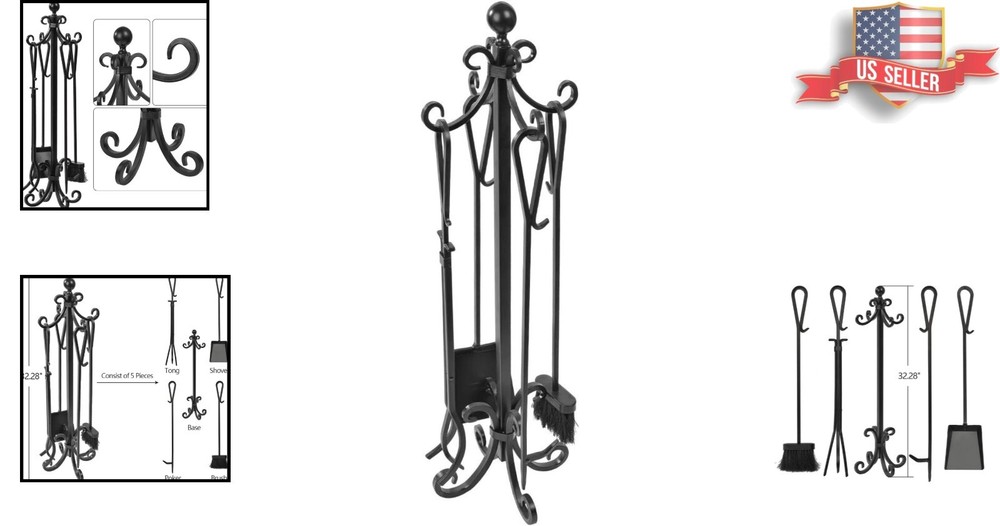Rustic 5-Piece Fireplace Tool Set with Heavy-Duty Base and Ergonomic Tools