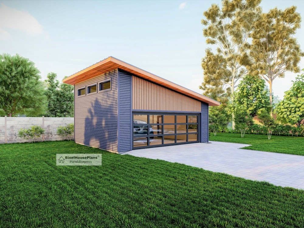 2 Car Modern Garage plan-23' x 24' Building Blueprints Package With Loft Storage