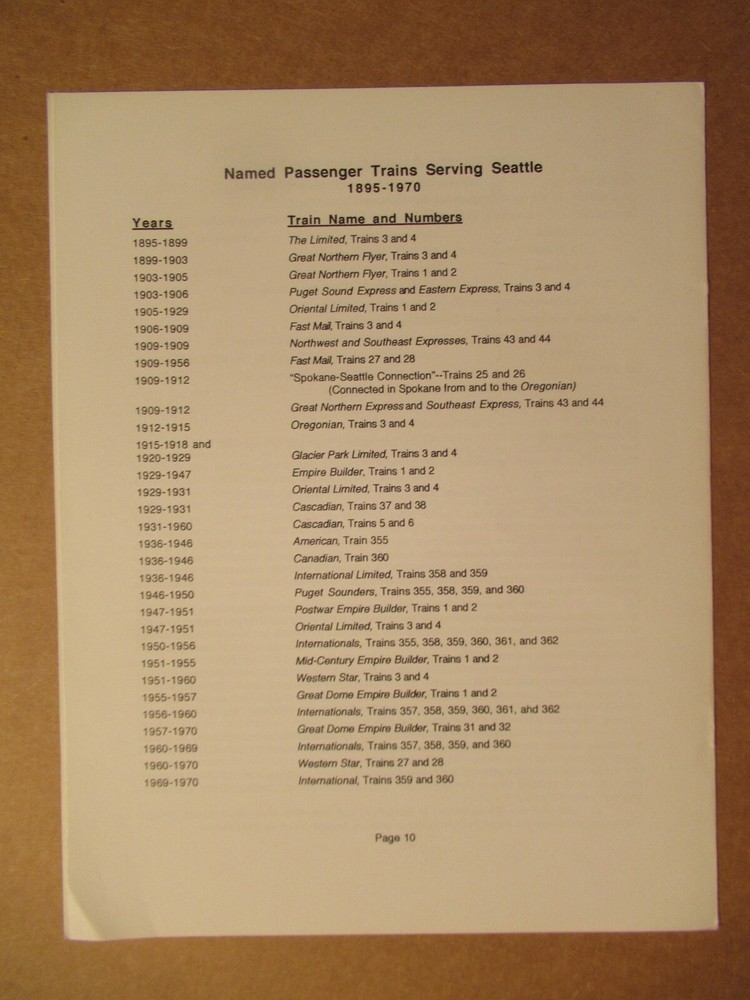 Great Northern Reference Sheet 287 Passenger Train Service in Seattle