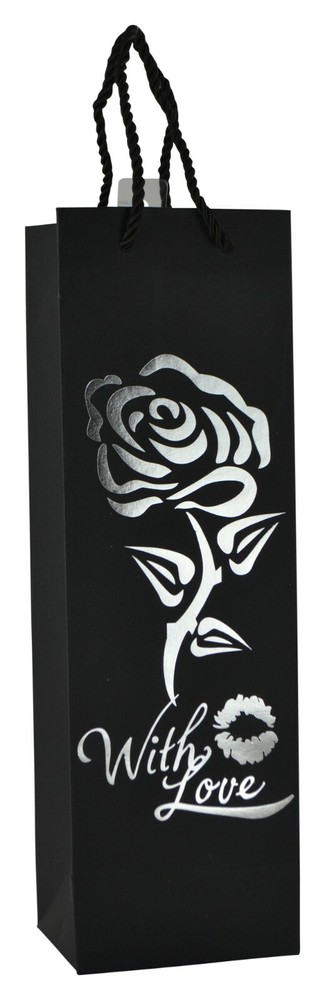 6 Black/Silver Heavy-Duty Large Paper Wine Bag Ft Rose