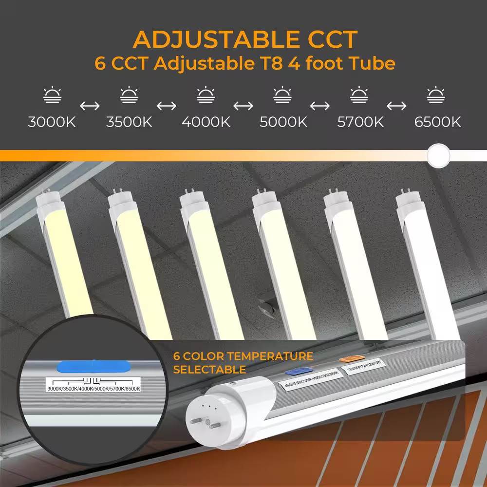 75-Watt Equivalent 24-Watt LED 4Ft. Linear T8 Tube Light Bulbs Selectable Watts&