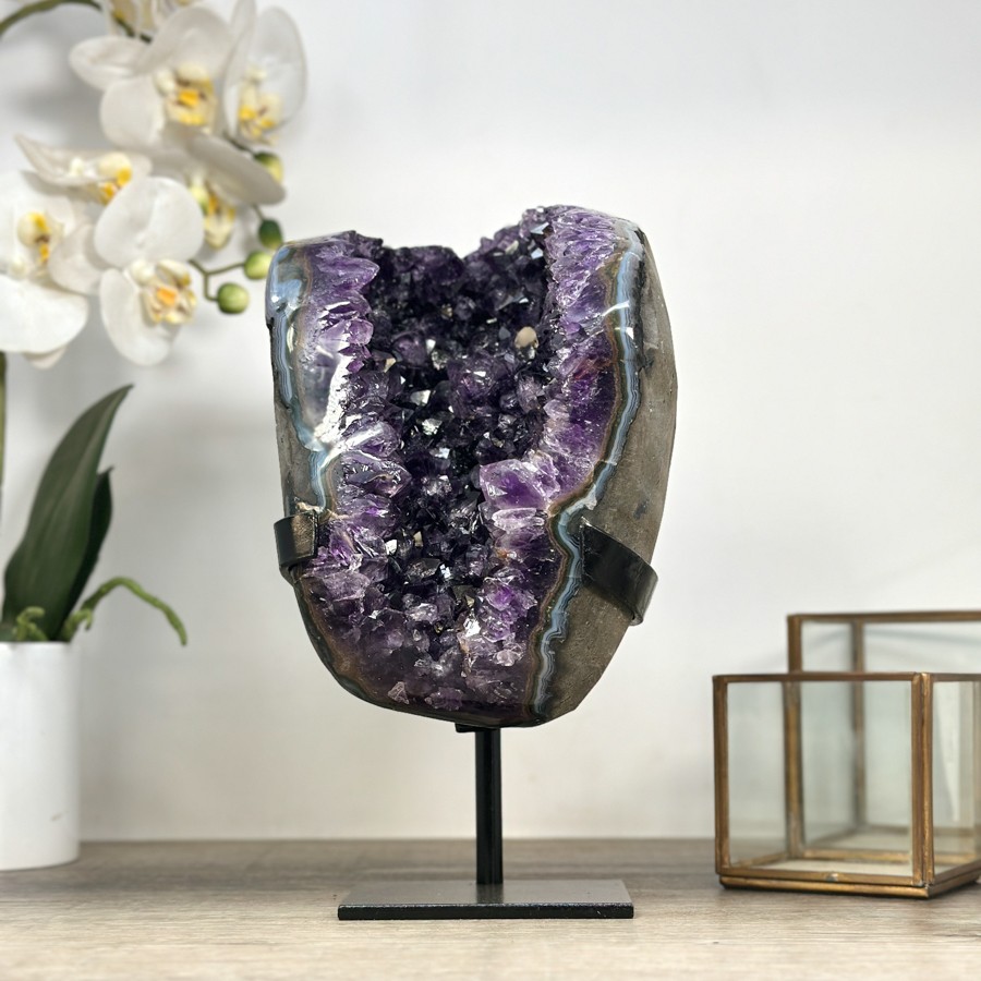 Beautiful Amethyst Geode with Blue Agate Shell - Stand Included. MWS2273