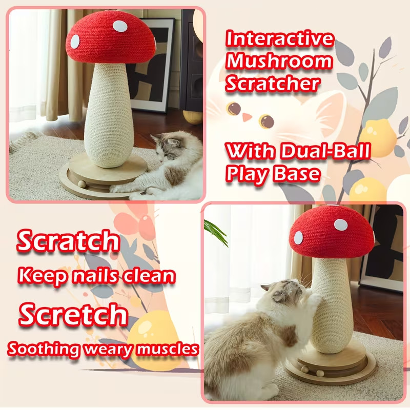Cat Scratching Post - Red Mushroom with Interactive Turntable & Sisal Surface