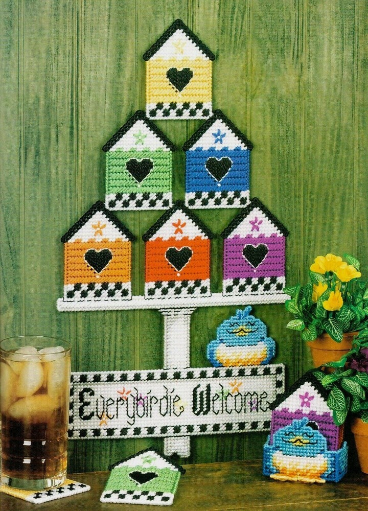 BIRDIES WELCOME SIGN & BIRDHOUSE COASTERS PLASTIC CANVAS PATTERN INSTRUCTIONS