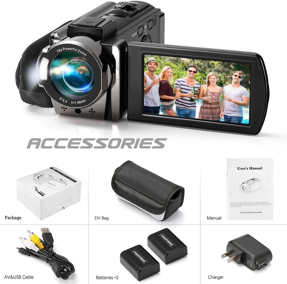 Versatile Video Camera with Pause Function, 2 Batteries & Anti-Shake Technology