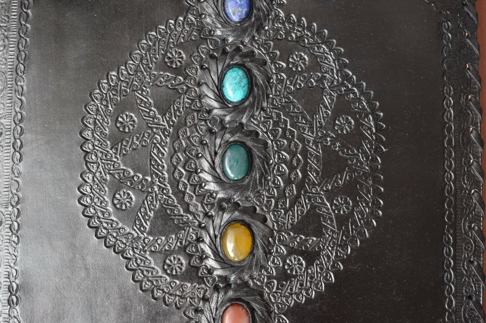 Seven Chakra Stone Embossed Black Leather Journal Book Diary Sketch Notebook