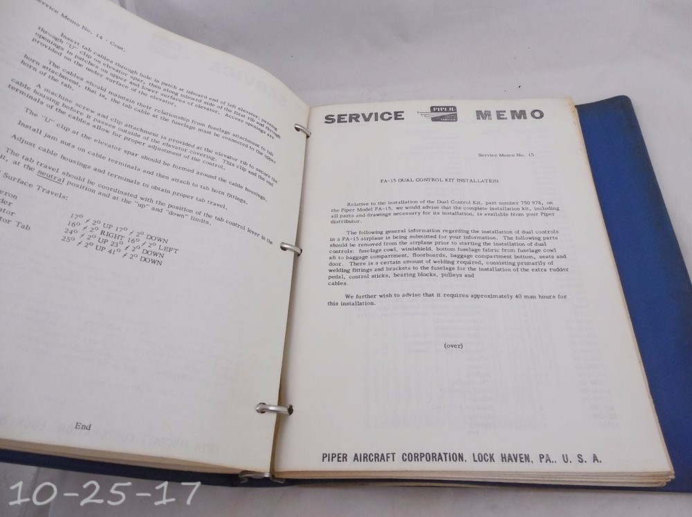 Binder Piper Aircraft Service Memo & Aid