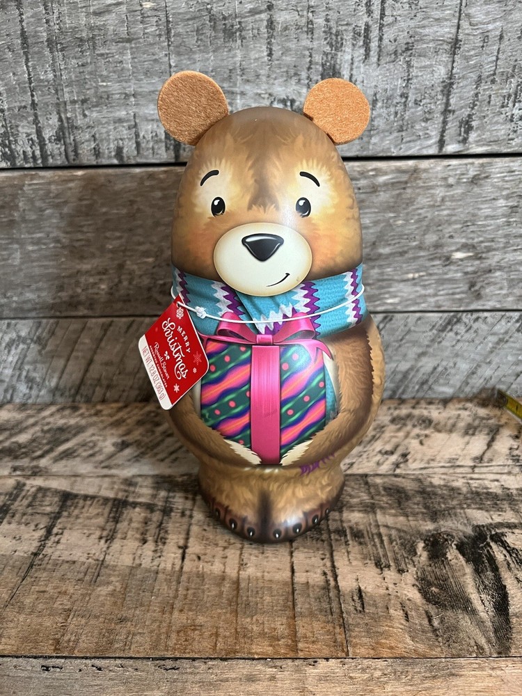 Decorative Christmas 10” Brown Bear Candy Etc. Tin Felt Ears EMPTY