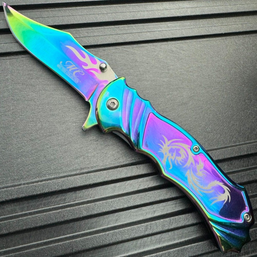 Rainbow Dragon Flame Tactical Spring Assisted Open Folding Pocket Knife Blade