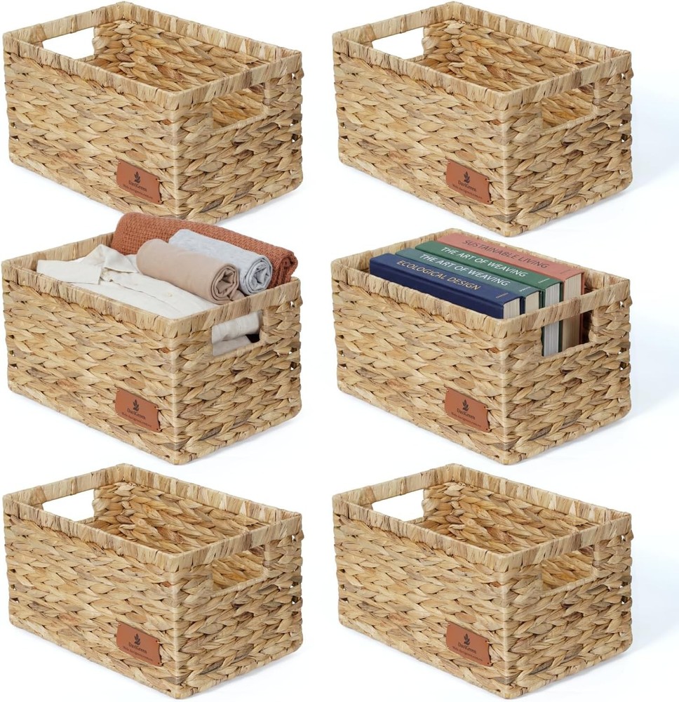 Water Hyacinth Storage Basket Set of 6 W/ Handles Rectangular Storage Baskets